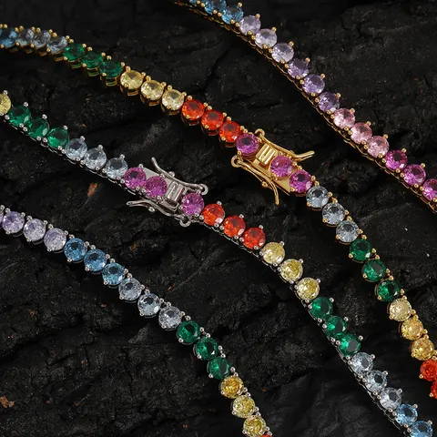 Hip Hop Unisex Rainbow Colorful Zirconia Tennis Chain Gold Silver Plated Copper Necklace Bracelet For Party Jewelry