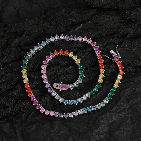 Hip Hop Unisex Rainbow Colorful Zirconia Tennis Chain Gold Silver Plated Copper Necklace Bracelet For Party Jewelry