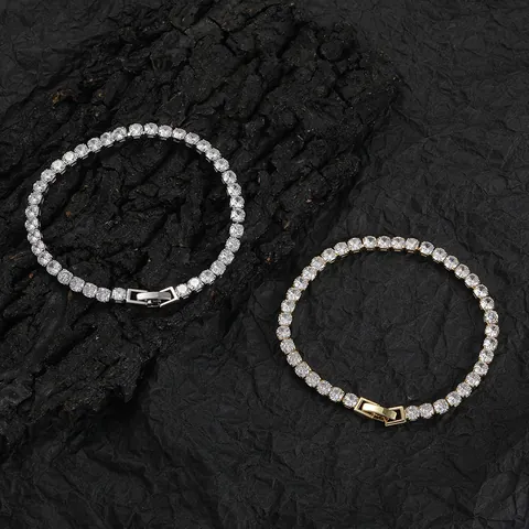 Bracelet Tennis Hip Hop en Cuivre avec Zircone Simple Rangée Étincelant Plaqué Or Argent Chaîne à Griffes Bijoux pour Homme Femme Fête
