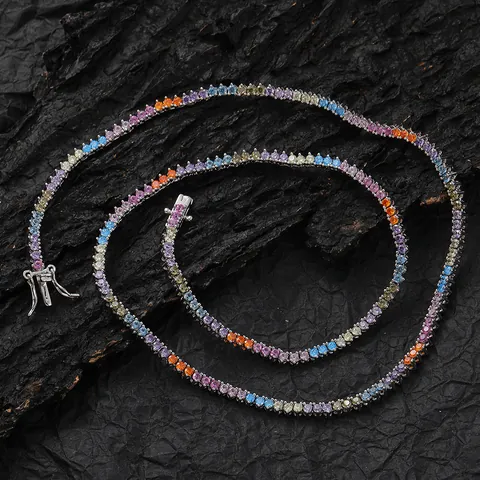 Trendy Rainbow Zircon Tennis Chain Necklace Για Άνδρες Γυναίκες Χρυσό Ασημί Επιμεταλλωμένο Χαλκό Hip Hop Μόδα Κοσμήματα Δώρο