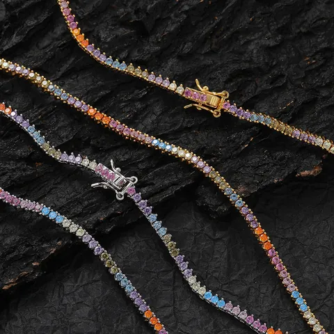 Trendy Rainbow Zircon Tennis Chain Necklace Για Άνδρες Γυναίκες Χρυσό Ασημί Επιμεταλλωμένο Χαλκό Hip Hop Μόδα Κοσμήματα Δώρο