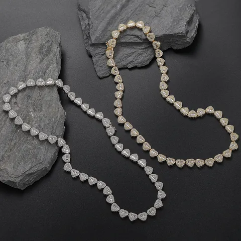 Hip Hop Heart Shaped Iced Out Tennis Chain Necklace Bracelet For Men Women Copper Zirconia Bling Jewelry Neck Accessory