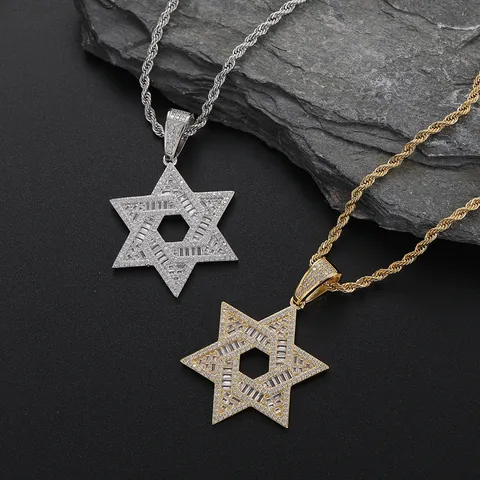 Collier Pendentif Étoile de David Hip Hop Plaqué Or Argent Cuivre Micro-pavage Zircon CZ Hexagramme Bijoux Iced Out Homme Femme