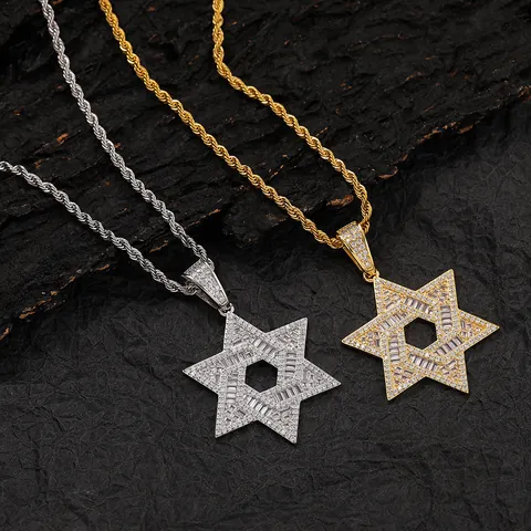 Collier Pendentif Étoile de David Hip Hop Plaqué Or Argent Cuivre Micro-pavage Zircon CZ Hexagramme Bijoux Iced Out Homme Femme