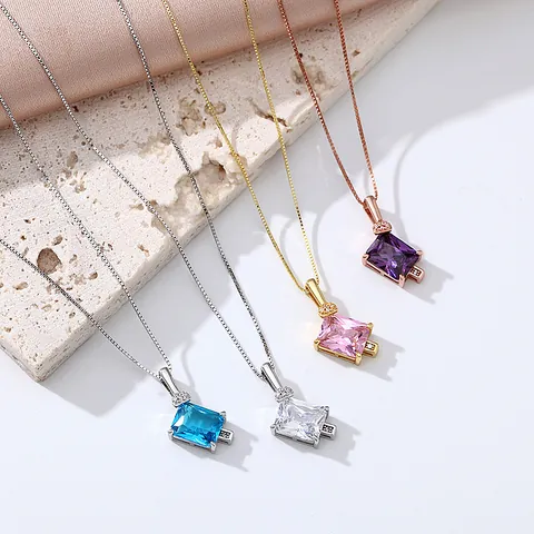 S925 Sterling Silver Square Zirconia Pendant Necklace For Women Elegant Box Chain White Gold Plated Fashion Jewelry Gift