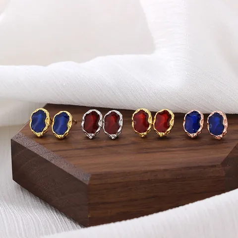 Vintage Geometric Irregular Stud Earrings With 925 Sterling Silver Earring Post S925 Gold Silver Rose Gold Plated Enamel Drip Oil Ruby Blue Earrings Jewelry For Women Gift