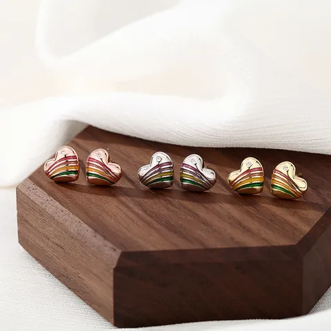 S925 Sterling Silver Rainbow Heart Stud Earrings For Women Multicolor Enamel Zirconia Minimalist Jewelry Sweet Earring Post Jewelry Gift