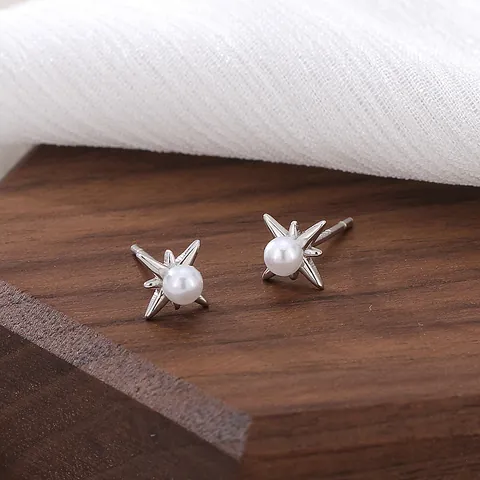 925 Sterling Silver Eight Pointed Star Stud Earrings With Freshwater Pearl For Women North Star Minimalist Earrings Jewelry