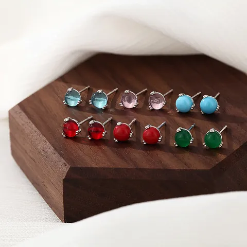 Minimalist 925 Sterling Silver Stud Earrings For Women With Round Colorful Gemstone Inlaid Fashion Jewelry Finger Accessory