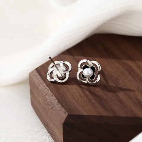 S925 Sterling Silver Camellia Flower Stud Earrings With Artificial Pearl And Enamel Hollow Design Gold Silver Rose Gold Plated Women Jewelry Gift