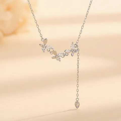 Collar con Colgante de Mariposa de Plata de Ley S925 para Mujer Cadena en Y con Borla de Zirconia Brillante Regalo Joyas