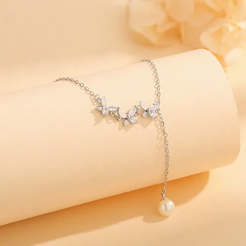Collana in Argento Sterling 925 Farfalla Perla Artificial Nappa Elegante Intarsio Zirconia Gioielli a Forma di Y per Donna Matrimonio