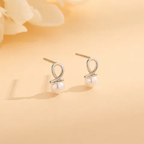 925 Sterling Silver Artificial Pearl Stud Earrings Minimalist Knot Design Gold Plated French Elegant Jewelry For Women For Wedding Party