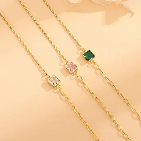 Bracciale Vintage Francese in Argento Sterling S925 con Zirconia Quadrata Smeraldo Rosa per Donna Catena AB Placcata Oro