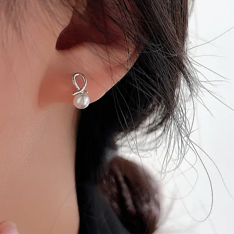 925 Sterling Silver Artificial Pearl Stud Earrings Minimalist Knot Design Gold Plated French Elegant Jewelry For Women For Wedding Party