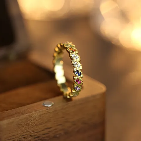 925 Sterling Silver Marquise Cut Rainbow Cubic Zirconia Eternity Ring Gold Plated Stackable Leaf Eye Shaped Band Jewelry For Women