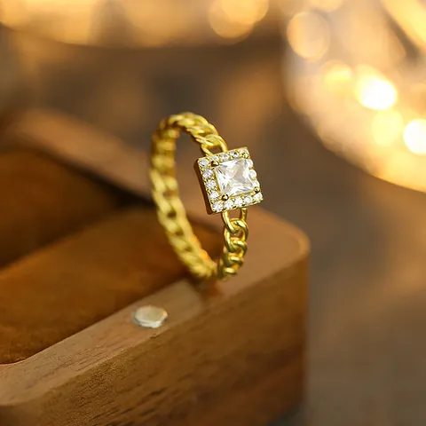925 Sterling Silver Square Zirconia Ring For Women Hollow Cuban Chain Ring Light Luxury Fashion Hand Jewelry Accessory