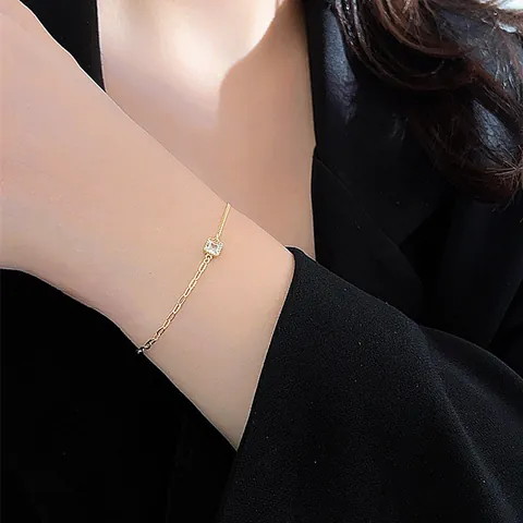 Bracciale Vintage Francese in Argento Sterling S925 con Zirconia Quadrata Smeraldo Rosa per Donna Catena AB Placcata Oro