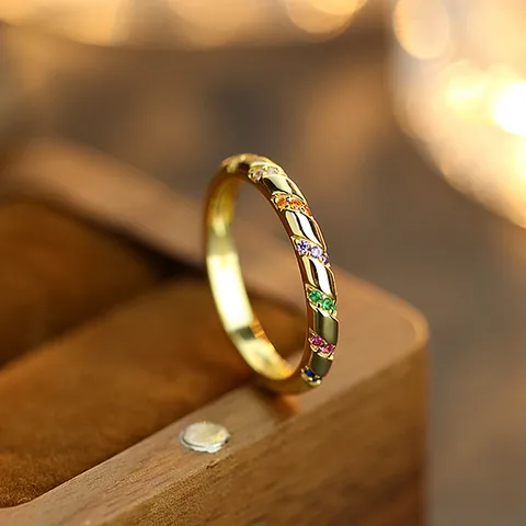 Anello in Argento Sterling S925 con Zirconia Arcobaleno per Donna Gioielli Bohemian a Fascia Intrecciata Placcato Oro Argento Oro Rosa Gemma Colorata