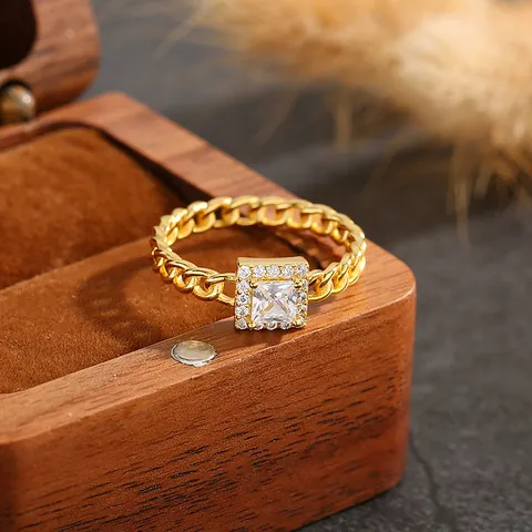 925 Sterling Silver Square Zirconia Ring For Women Hollow Cuban Chain Ring Light Luxury Fashion Hand Jewelry Accessory