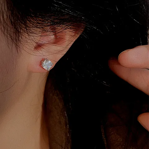 Geometric Square 925 Sterling Silver Post Alloy Cubic Zirconia Stud Earrings For Women Wedding Party Jewelry