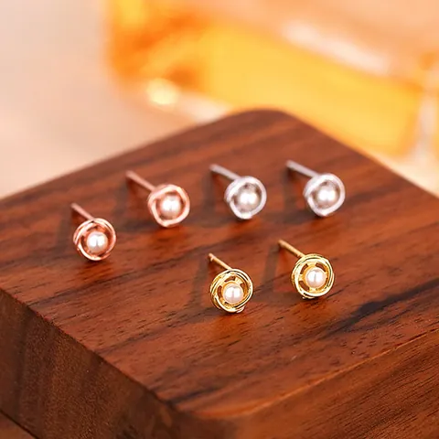 S925 Sterling Silver Hollow Spiral Round Stud Earrings With Pearl For Women Minimalist Vintage Jewelry Platinum Gold Plated