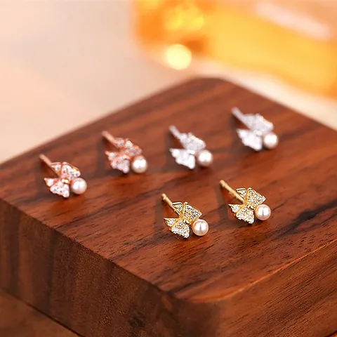 925 Sterling Silver Earring Post Bow Knot Artificial Pearl Stud Earrings For Women Zirconia Butterfly Mini Jewelry Earrings Gift