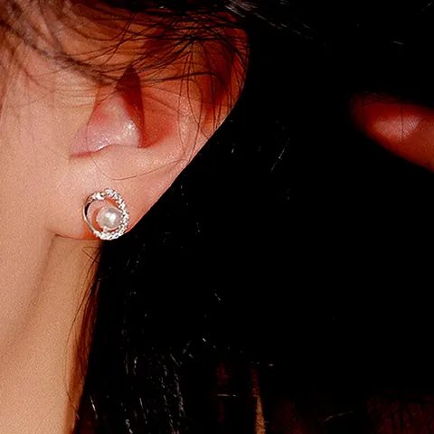 925 Sterling Silver Stud Earrings For Women Elegant Geometric Round Hollow Zirconia Pearl Earrings Wedding Party Jewelry Gift