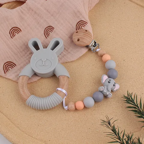 Handgemaakt Speenkoord Baby Siliconen Kralen Beukenhout Bijtring Ketting Dier Tekenfilm Speenhouder Baby Fopspeenriem