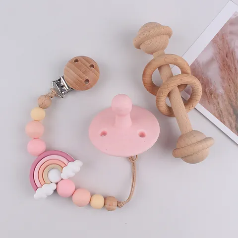 Handmade Silicone Rainbow Pacifier Clip Soothing Teether Chain For Baby Natural Wood Beads Anti-Lost Holder Shower Gift
