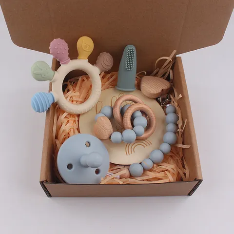 Newborn Silicone Beech Wood Baby Teether Gift Set Soothing Toy Pacifier Clip Finger Toothbrush Toddler Oral Care Morandi Color Infant Present