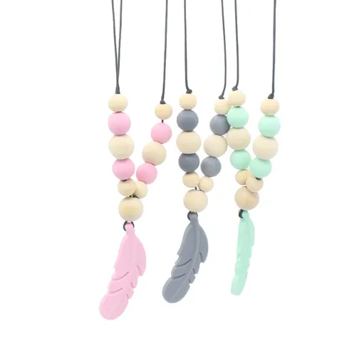Baby Teething Necklace Food Grade Silicone Feather Pendant With Wooden Beads BPA Free Infant Nursing Chew Toy For Teething Relief