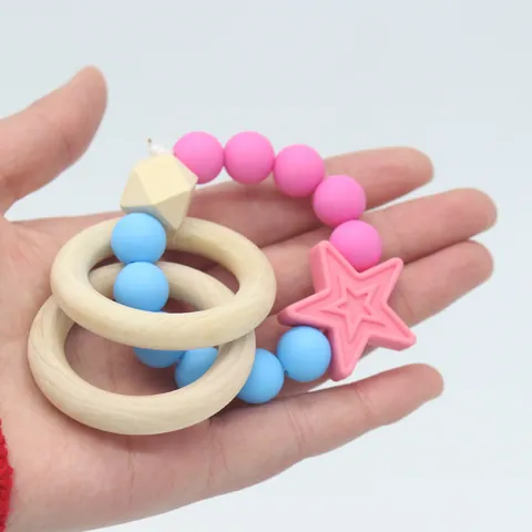 Safe Baby Silicone Wood Teether Rattle Star Shape BPA Free Infant Teething Toy Montessori Sensory Developmental Grab Toy
