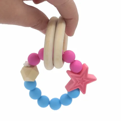 Safe Baby Silicone Wood Teether Rattle Star Shape BPA Free Infant Teething Toy Montessori Sensory Developmental Grab Toy