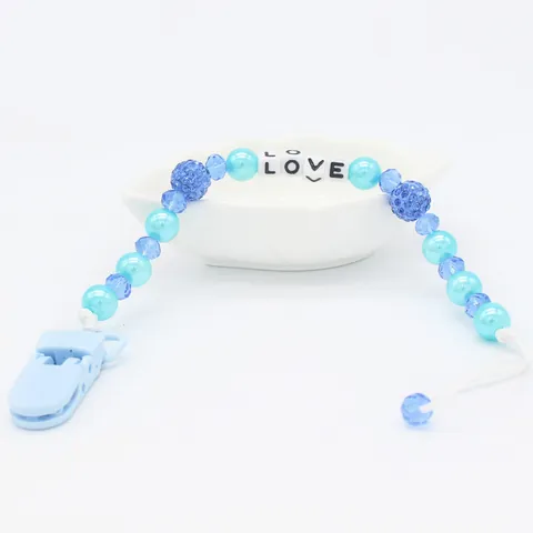 Catenella Portaciuccio per Neonati Perline con Lettere LOVE Cristallo Perla Artificial Sintetica Cinturino per Ciuccio per Neonati Blu Rosa Bianco