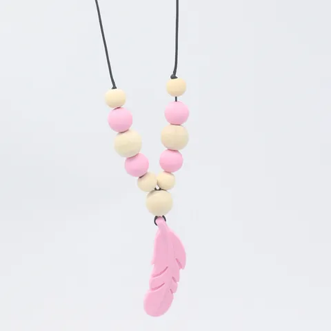 Baby Teething Necklace Food Grade Silicone Feather Pendant With Wooden Beads BPA Free Infant Nursing Chew Toy For Teething Relief