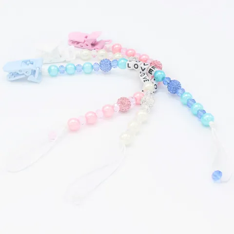 Catenella Portaciuccio per Neonati Perline con Lettere LOVE Cristallo Perla Artificial Sintetica Cinturino per Ciuccio per Neonati Blu Rosa Bianco