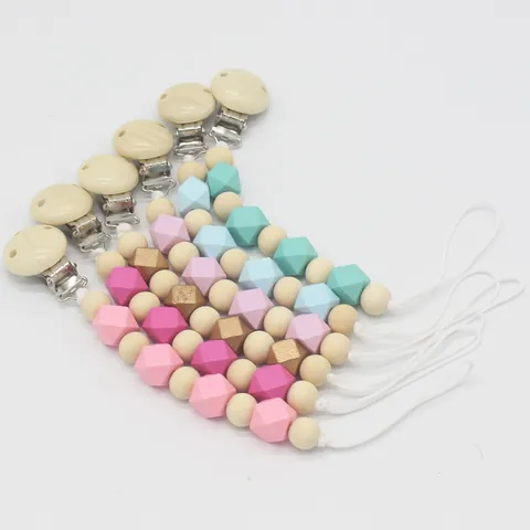 Baby Wooden Silicone Pacifier Clip Leash Teether Holder Anti-drop Chain With Hexagon Beads For Infants Teething Relief Newborn Gift