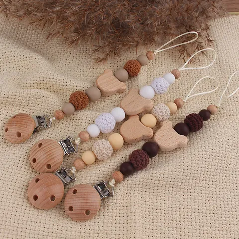 Beech Wood Bear Head Pacifier Clip Silicone Crochet Beads Baby Teether Chain Anti-Drop Holder For Infant Toddler Ins Style