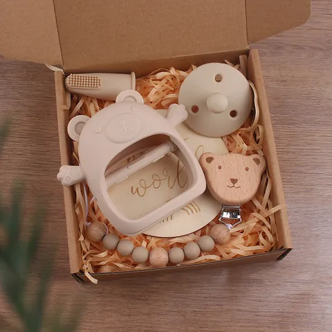 Newborn Baby Silicone Bear Teether Beech Wood Pacifier Clip Finger Toothbrush Headband Nursing Gift Set For Infants Toddlers