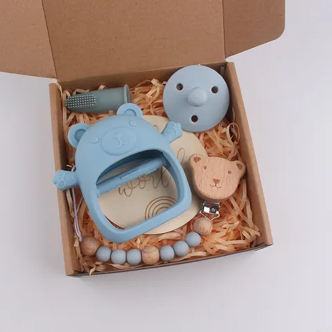Newborn Baby Silicone Bear Teether Beech Wood Pacifier Clip Finger Toothbrush Headband Nursing Gift Set For Infants Toddlers