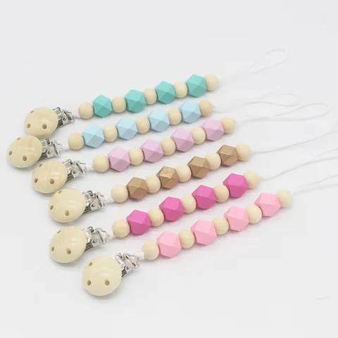 Baby Wooden Silicone Pacifier Clip Leash Teether Holder Anti-drop Chain With Hexagon Beads For Infants Teething Relief Newborn Gift
