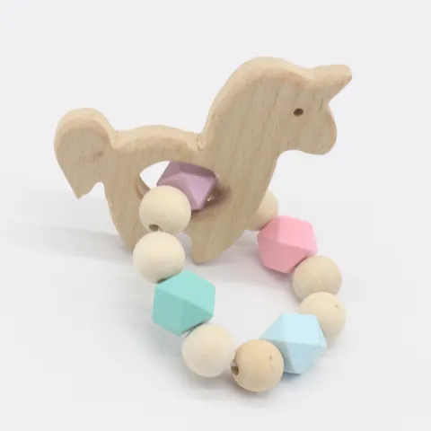 Natural Beech Wood Silicone Baby Teether Bracelet Animal Shape Infant Grasping Toy For Toddlers Teething Relief Sensory Play Gift