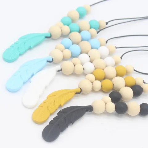 Baby Silicone Feather Teething Necklace With Wooden Beads BPA Free Food Grade Soothing Molar Toy For Infants Toddlers