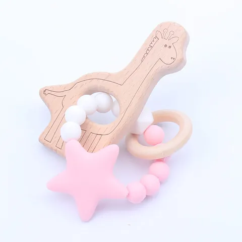 Baby Teether Toy Set Silicone Beads Natural Beech Wood Ring Star Animal Shape Teething For Infants Newborn 3 Months Plus