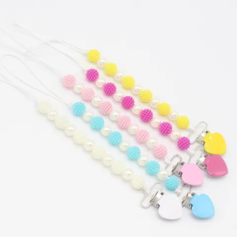 Sujetachupete de Cuentas de Perlas Artificiales para Bebé Soporte de Chupete con Forma de Corazón Cadena Anti-Caída Accesorio para Lactante