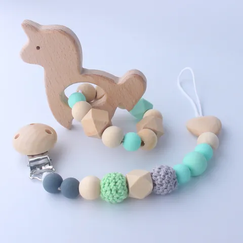 Baby Beech Wood Teether And Silicone Pacifier Clip Holder Animal Alpaca Unicorn Crochet Beads Teething Relief Toy