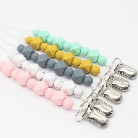 Sujetachupetes de Silicona Cadena Antipérdida para Bebé Alivio de la Dentición Cuentas de Silicona sin BPA Clip de Acero Inoxidable Portachupetes