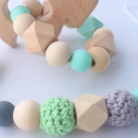 Baby Beech Wood Teether And Silicone Pacifier Clip Holder Animal Alpaca Unicorn Crochet Beads Teething Relief Toy