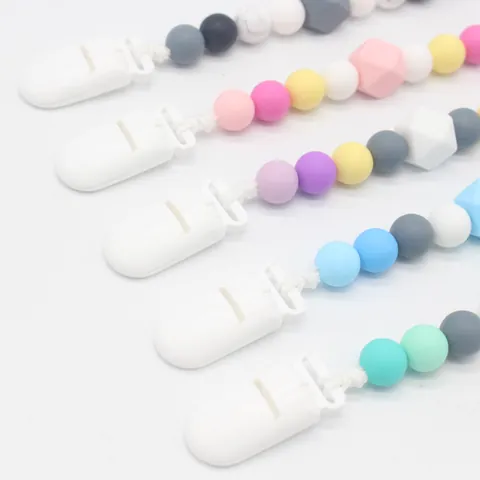 BPA Free Silicone Baby Pacifier Clip Chain Geometric Beads Infant Teether Anti-drop Leash With Plastic Clip Holder For Newborns